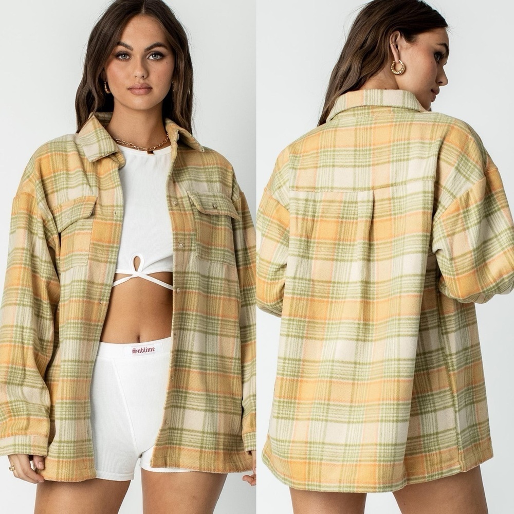 Princess Polly Wool Blend Orange Green Plaid Oversized Shacket Jacket Size 8